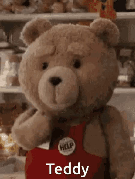 a teddy bear is wearing a red apron with the word teddy on it