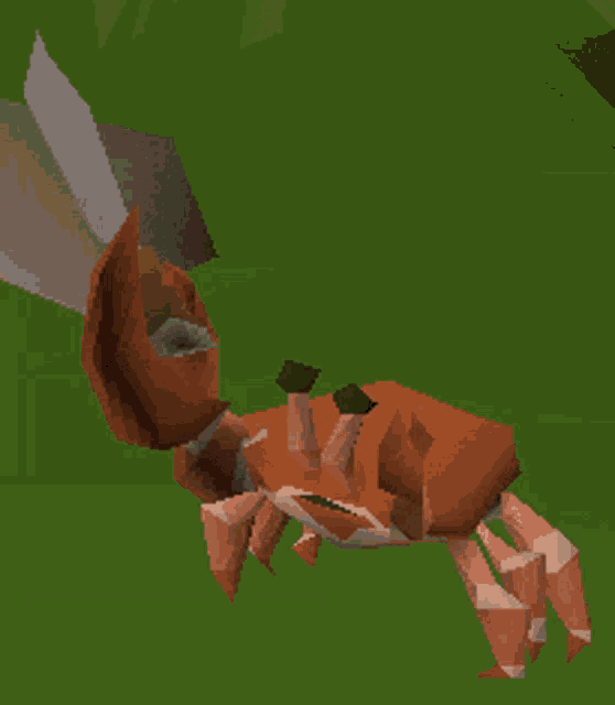 a 3d crab with a sword in its mouth is laying on the grass