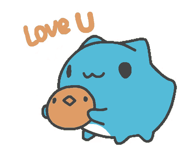 a cartoon drawing of a blue fish and a yellow bird with a red heart above them