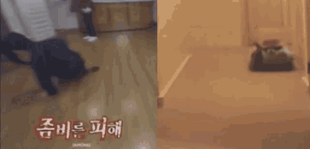 a person is crawling on the floor next to a picture of a cat