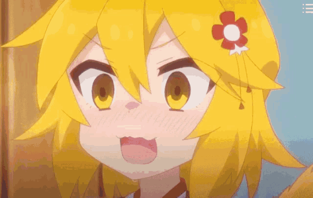 a cartoon girl with yellow hair and a flower in her hair