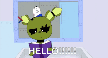 a cartoon of a bunny reading a book with the words hello written on the bottom