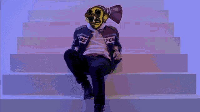 a man wearing a mask and a jacket that says pee on it sits on a set of stairs