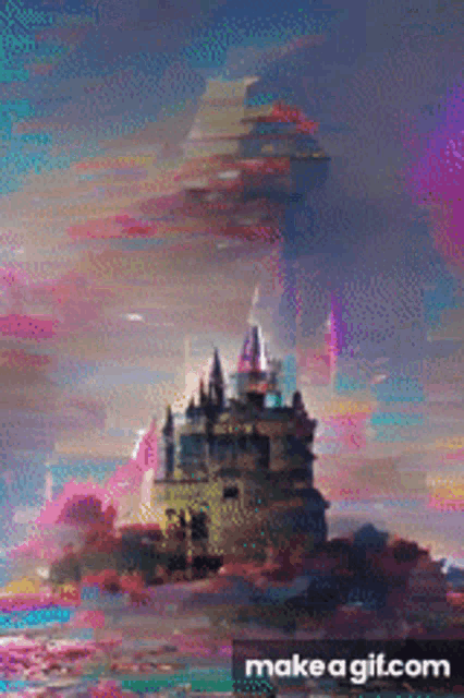 a colorful painting of a castle with the words make a gif.com at the bottom