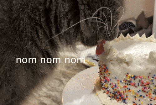 a cat is sniffing a cake with the words nom nom nom written above it