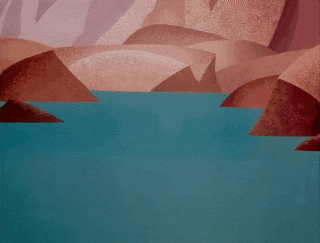 a cartoon character is swimming in a body of water with mountains in the background