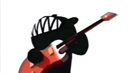 a black teddy bear is playing a red guitar with the letter s on it