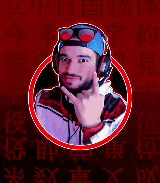 a man wearing headphones and sunglasses giving a rock sign