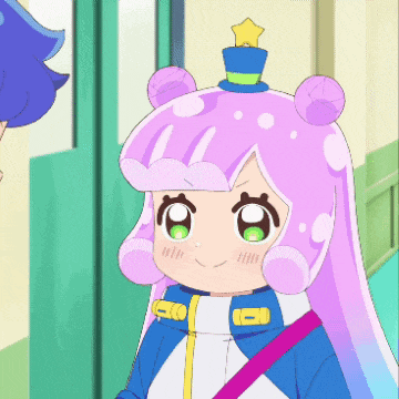 a cartoon girl with purple hair and a blue top hat