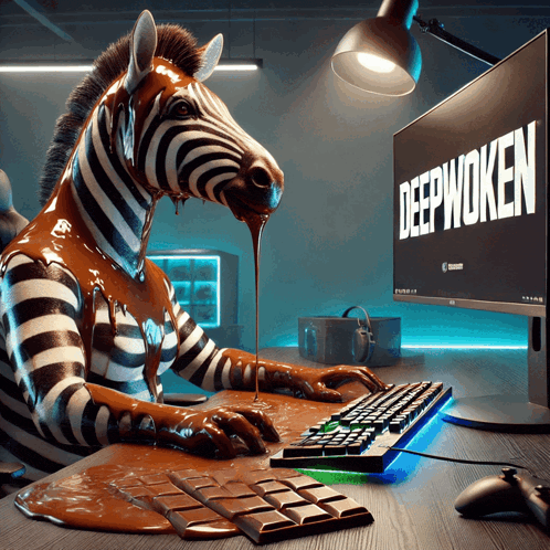 a zebra covered in chocolate is typing on a keyboard in front of a computer that says deepwoken