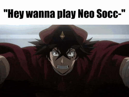 a cartoon character with the words " hey wanna play neo socce " on the bottom