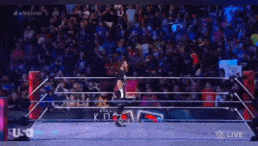 a wrestler is walking out of a wrestling ring during a wrestling match .