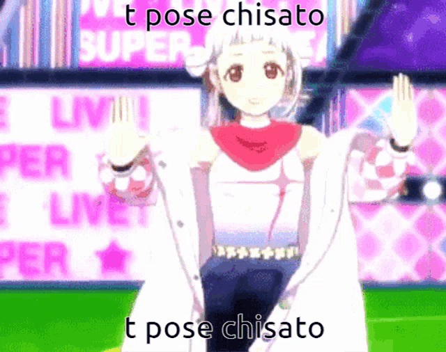 a picture of a girl with the words " t pose chisato " on the bottom