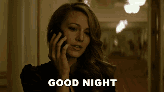 a woman talking on a cell phone with the words good night written below her
