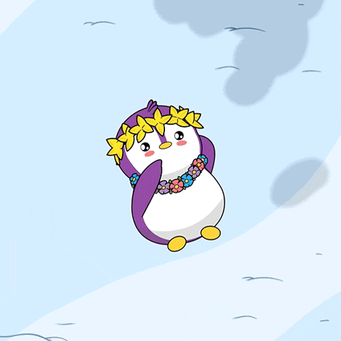 a cartoon penguin wearing a flower necklace is flying through the air