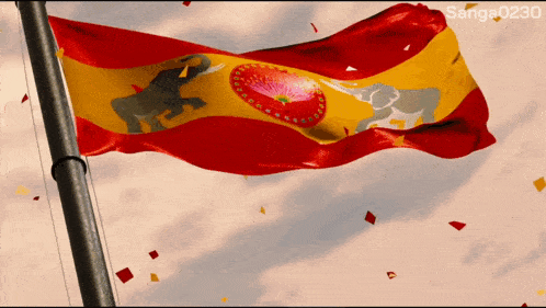 a spanish flag is waving in the wind with the numbers sanga023o visible in the corner