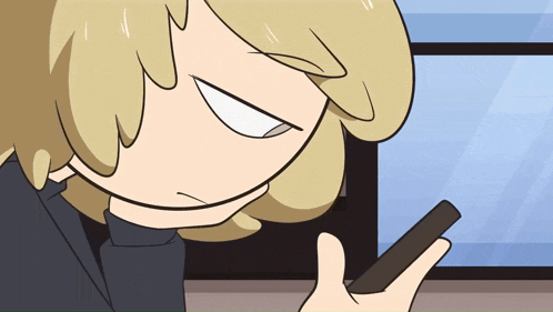 a cartoon character with blonde hair is looking at a cell phone