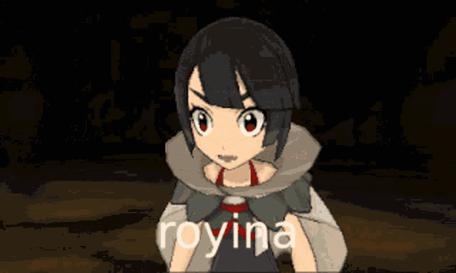 a cartoon character with the name royina on the bottom right