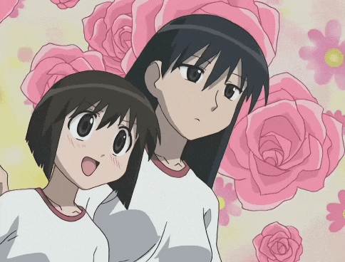 a couple of anime characters standing next to each other with pink roses in the background