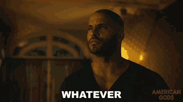 a man with a beard says " whatever " in front of a poster for american gods