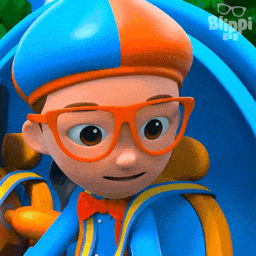 a close up of a cartoon character with the word blippi in the corner