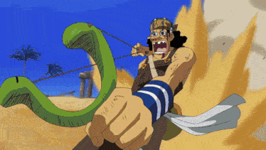 a cartoon of a man holding a green snake in his hand