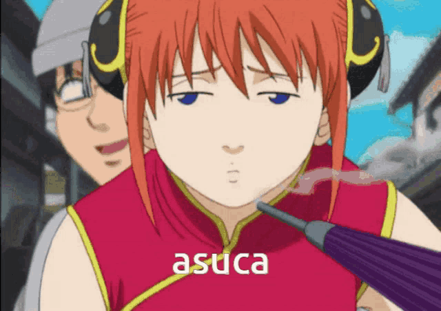 a girl with red hair is holding an umbrella and the word asuca is on the bottom