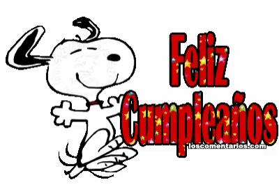 a cartoon of snoopy with the words feliz cumpleaños in red letters
