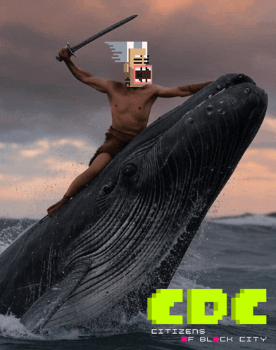 a man with a sword is riding a whale that says citizens of block city on it