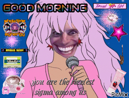 a cartoon of a woman singing into a microphone with the words good morning proud girl on the top