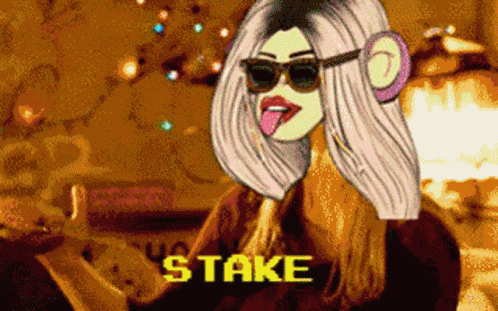 a cartoon of a woman sticking out her tongue with the word stake in the corner