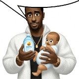 a man is holding a baby and a bottle of puppy shampoo