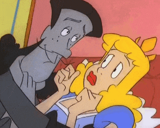 a cartoon of a woman laying on a bed next to a monster .