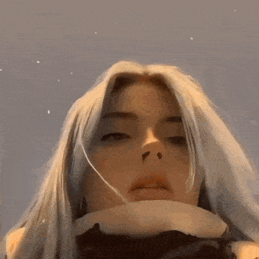 a close up of a woman 's face with long blonde hair against a blue sky .