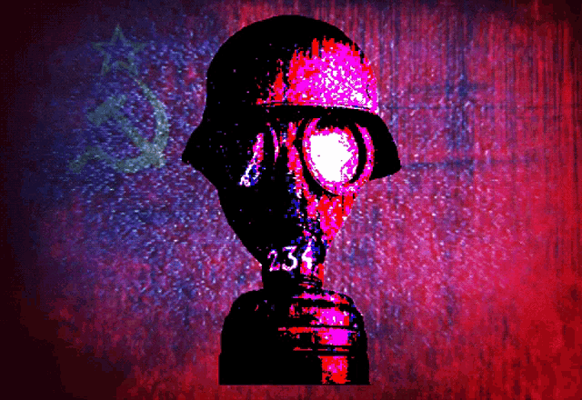 a statue of a man wearing a gas mask has the number 3531 on it
