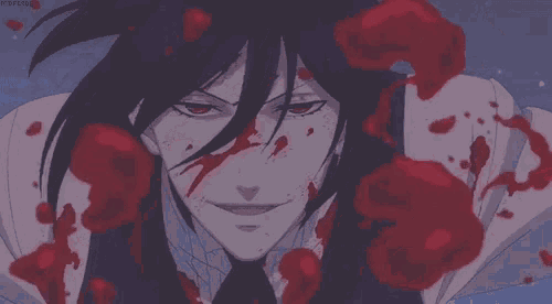 a man with blood on his face is surrounded by red roses and blood .