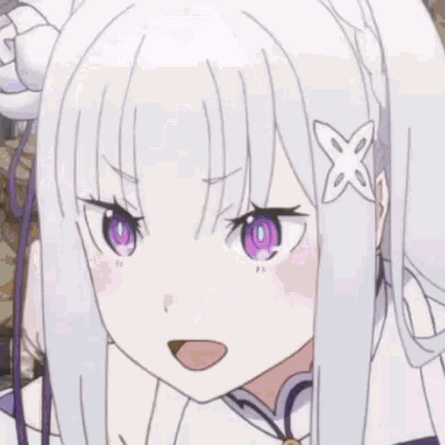 a girl with white hair and purple eyes is covering her mouth with her hands