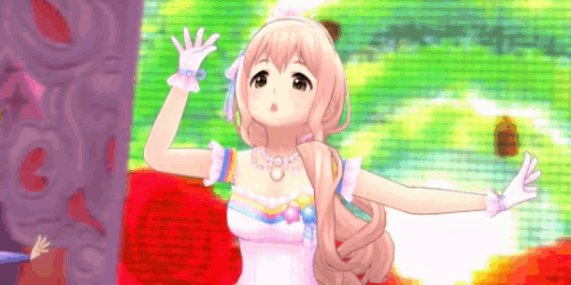 a cartoon girl in a white dress is waving her hand in front of a green background .