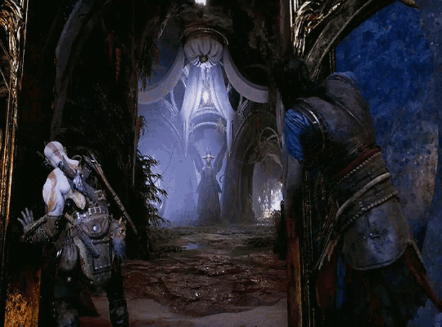 a man in armor is walking through a dark room with a statue in the background