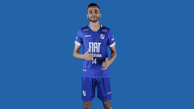 a man wearing a blue fiat minas jersey applauds