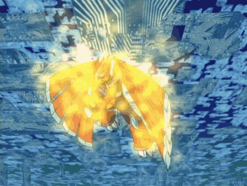 a computer generated image of a dragon flying through the air with a blue background