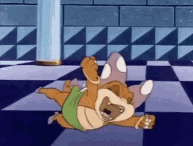 a cartoon dog is laying on the floor in a checkered room .