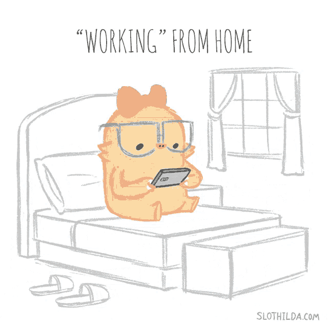 a cartoon of a sloth wearing glasses and a pink bow says " working from home "