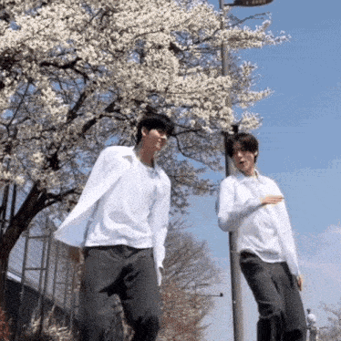 two men standing next to each other in front of a tree with flowers