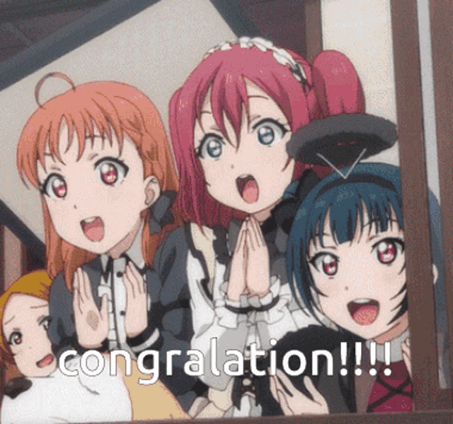 a group of anime girls with congratulations written on the bottom of the image