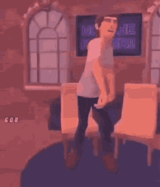a man is dancing in a room with chairs and a window .
