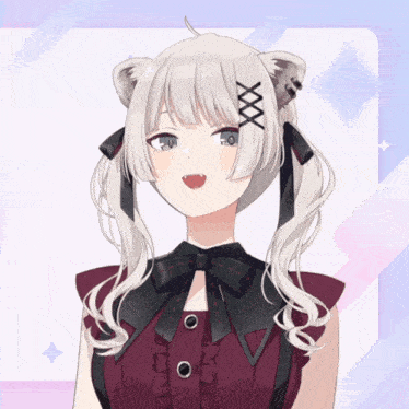 a girl with white hair has a black ribbon around her ear with the number xxx on it