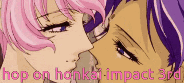 a couple of anime characters are kissing with the words hop on honkai impact 3rd