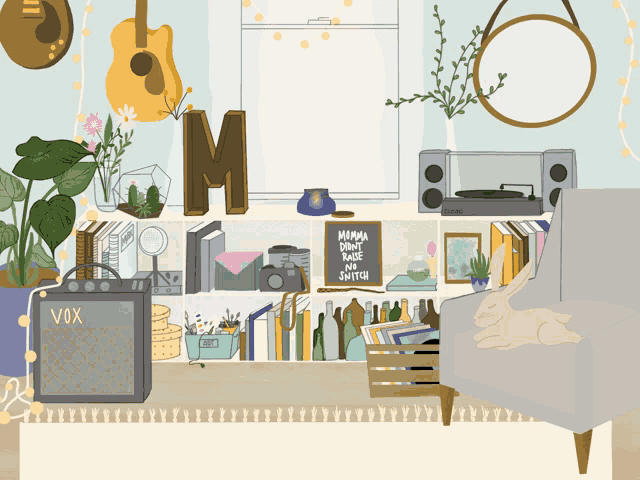 an illustration of a living room with a vox amplifier on the floor