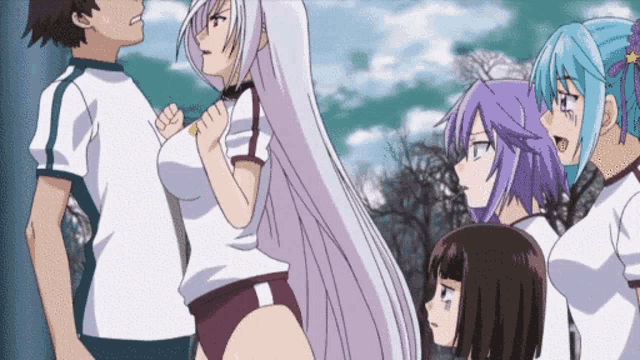 a group of anime characters standing next to each other including a girl with long white hair